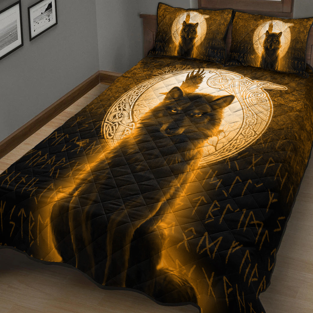 Viking Quilt Bedding Set Fenrir Viking Wolf Gold Version