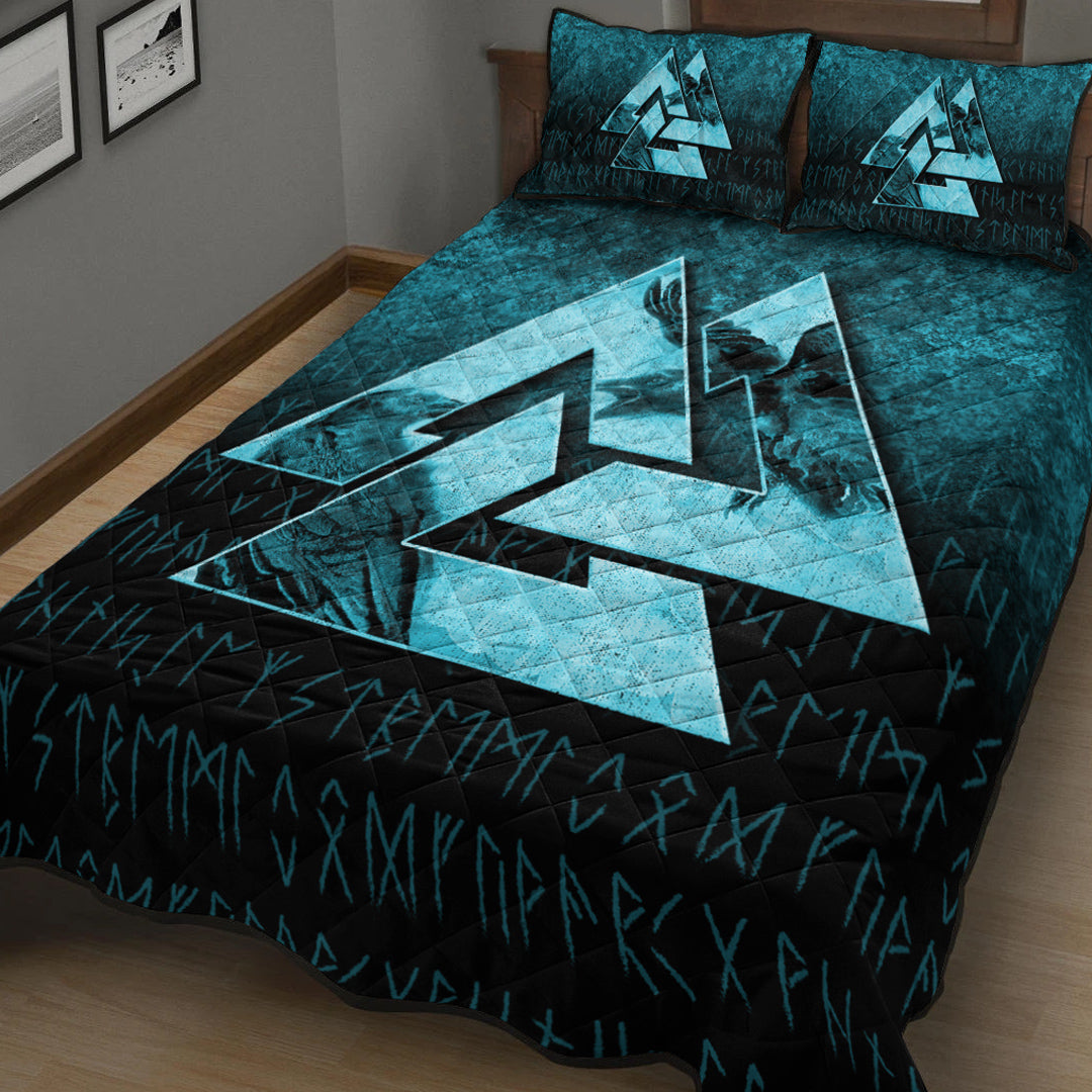 Viking Quilt Bedding Set Huginn Muninn Ravens from Odin Viking Cyan Version