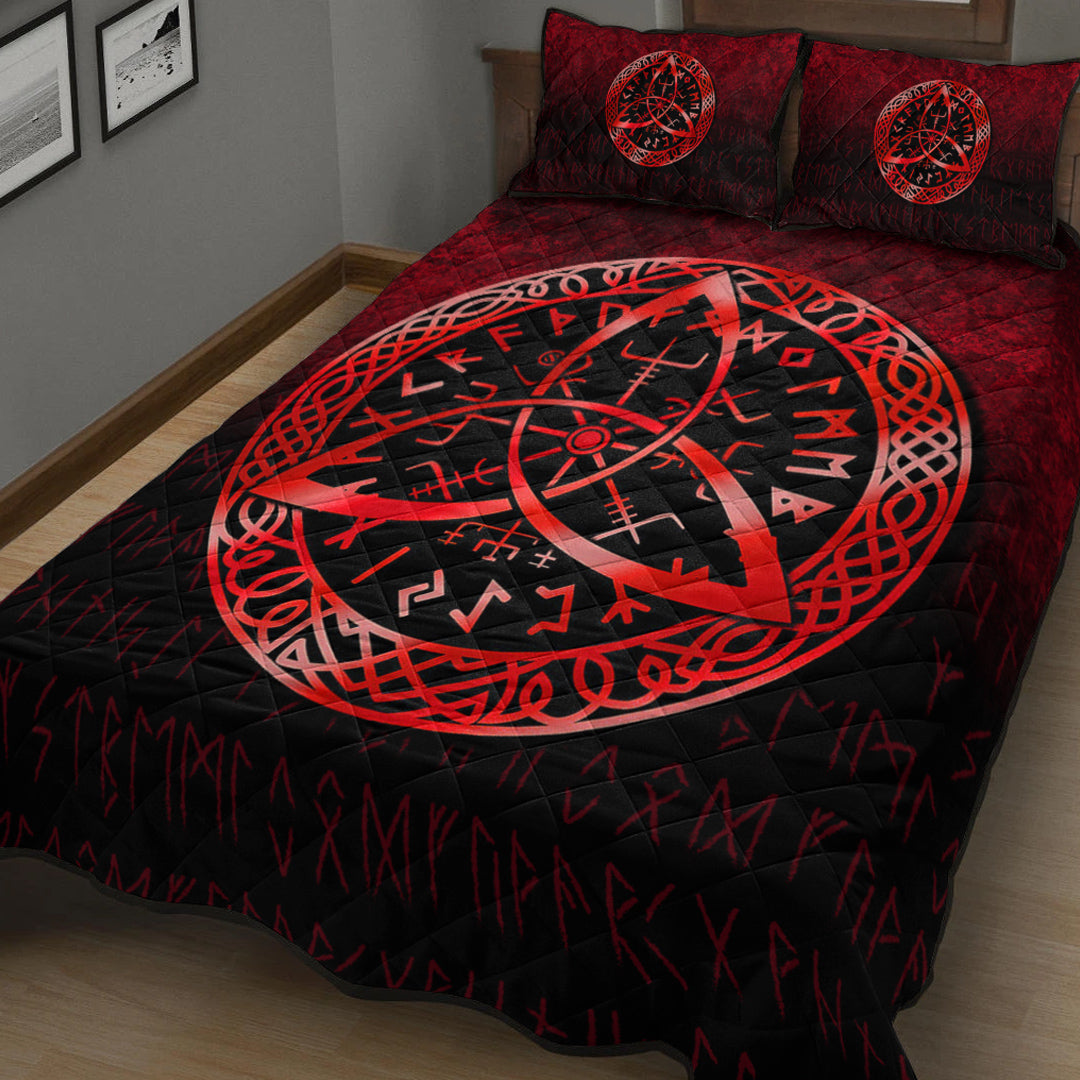 Viking Quilt Bedding Set Vegvisir Nordic Viking Rune Red Version