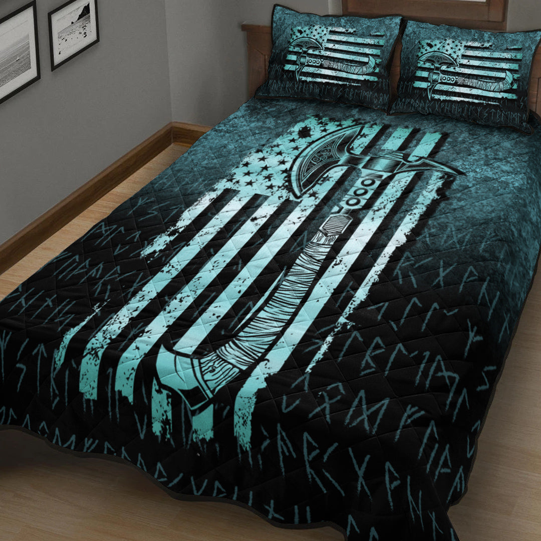 Viking Quilt Bedding Set USA Flag Viking Cool American Norsemen Cyan Version