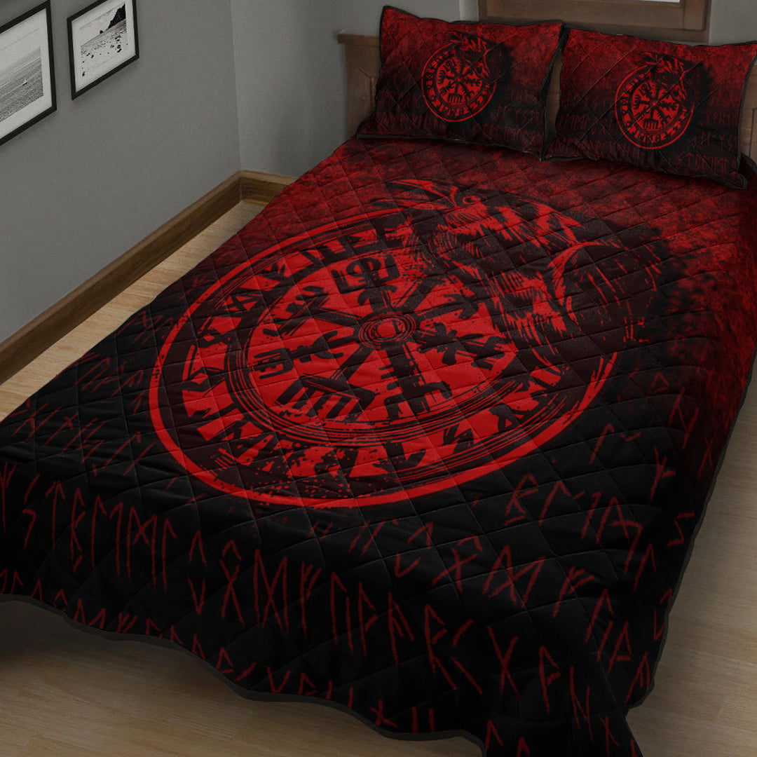 Viking Quilt Bedding Set Viking Vegvisir Rune with Crow Red Version