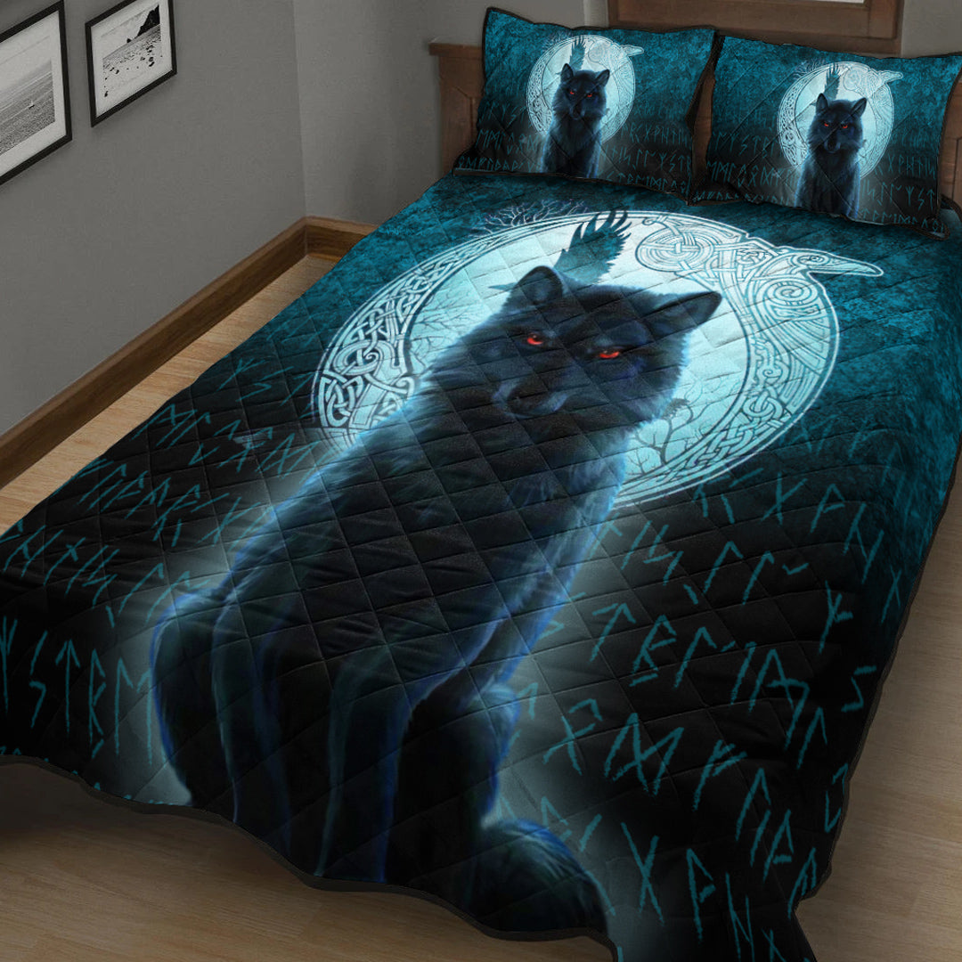 Viking Quilt Bedding Set Fenrir Viking Wolf Cyan Version