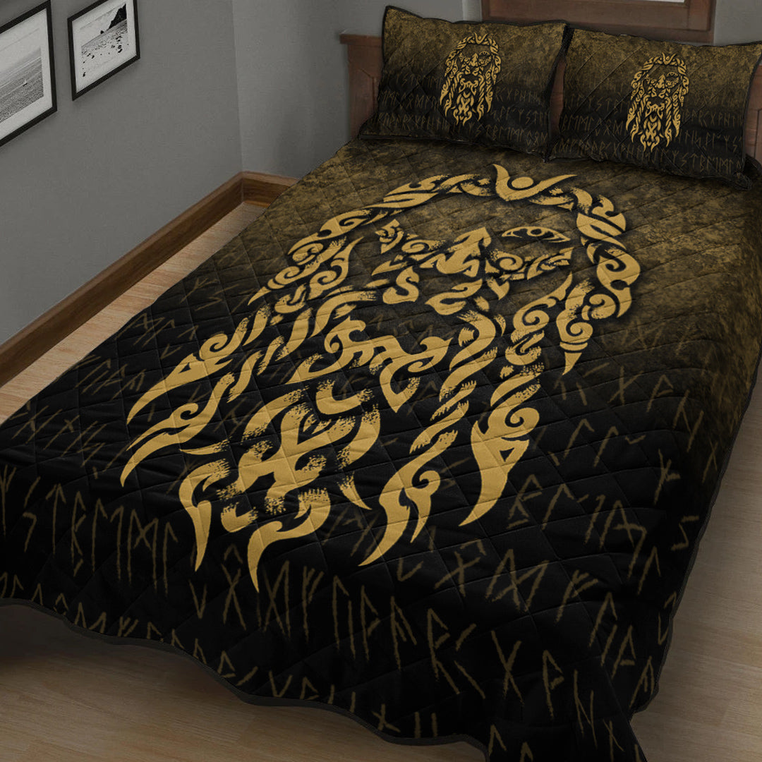 Viking Quilt Bedding Set Viking God Odin Allfather In Asgard Raven God Gold Version