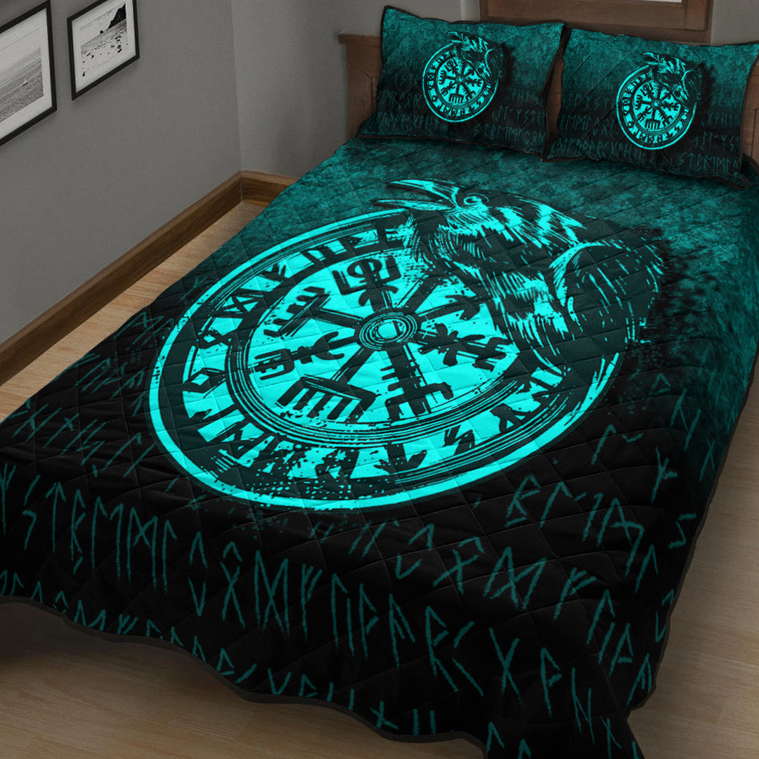 Viking Quilt Bedding Set Viking Vegvisir Rune with Crow Cyan Version