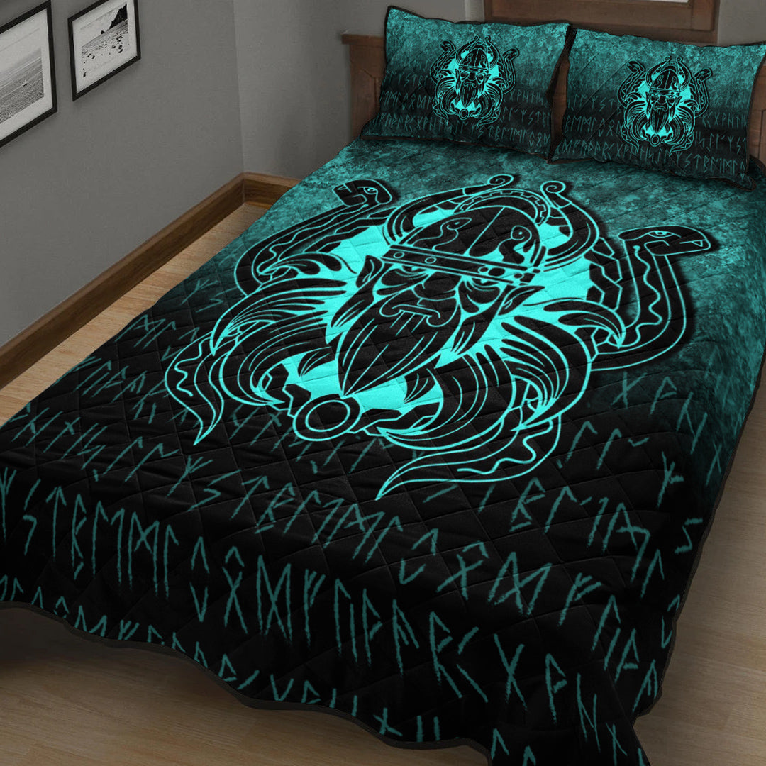 Viking Quilt Bedding Set Nordic Warrior Valhalla Norse Cyan Version