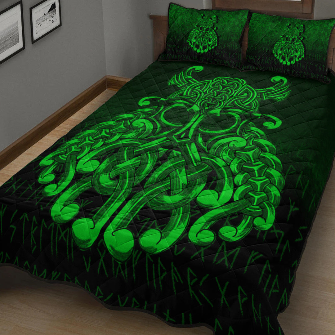 Viking Quilt Bedding Set Viking Odin Valhalla Green Version