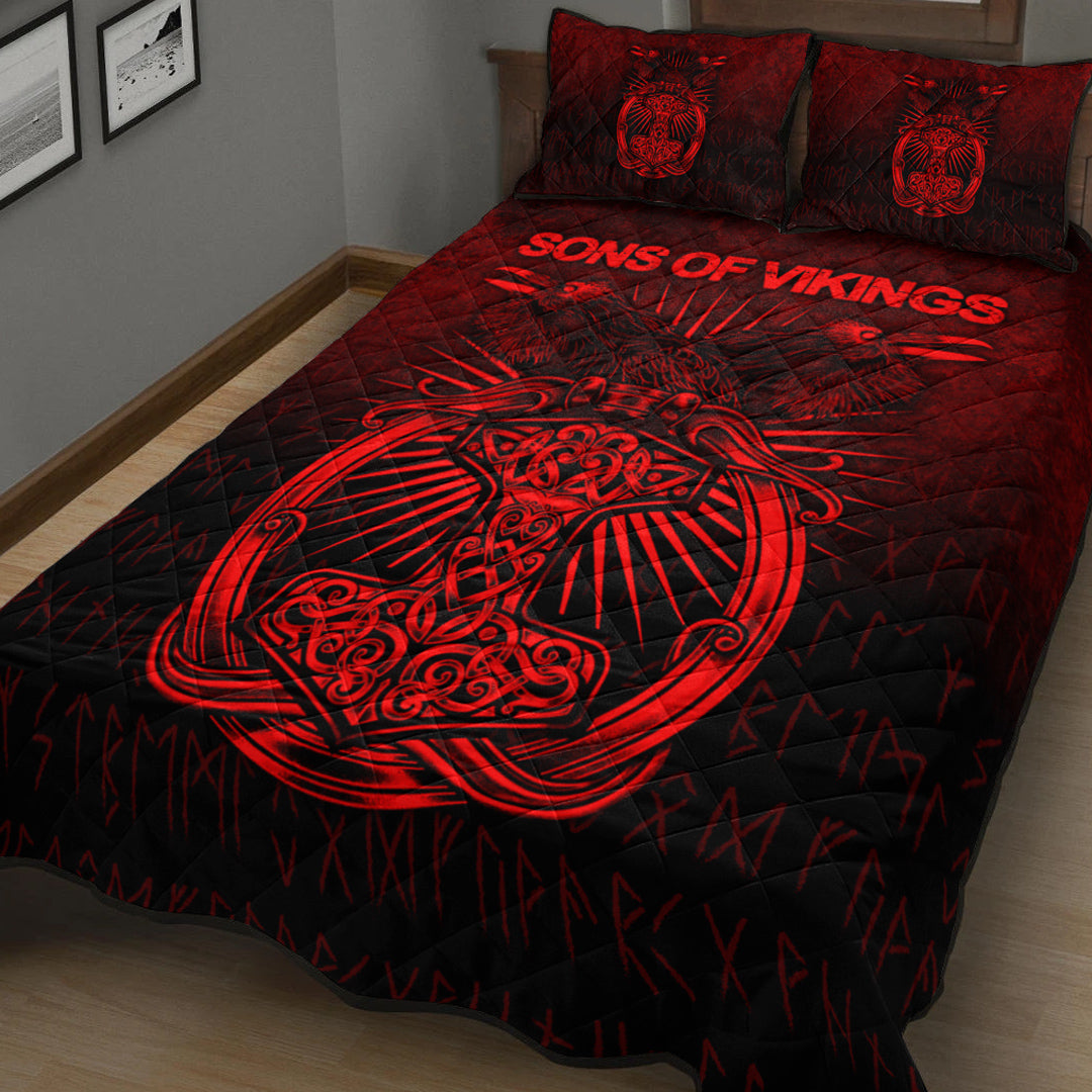 Viking Quilt Bedding Set Viking Ravens Mjolnir Red Version