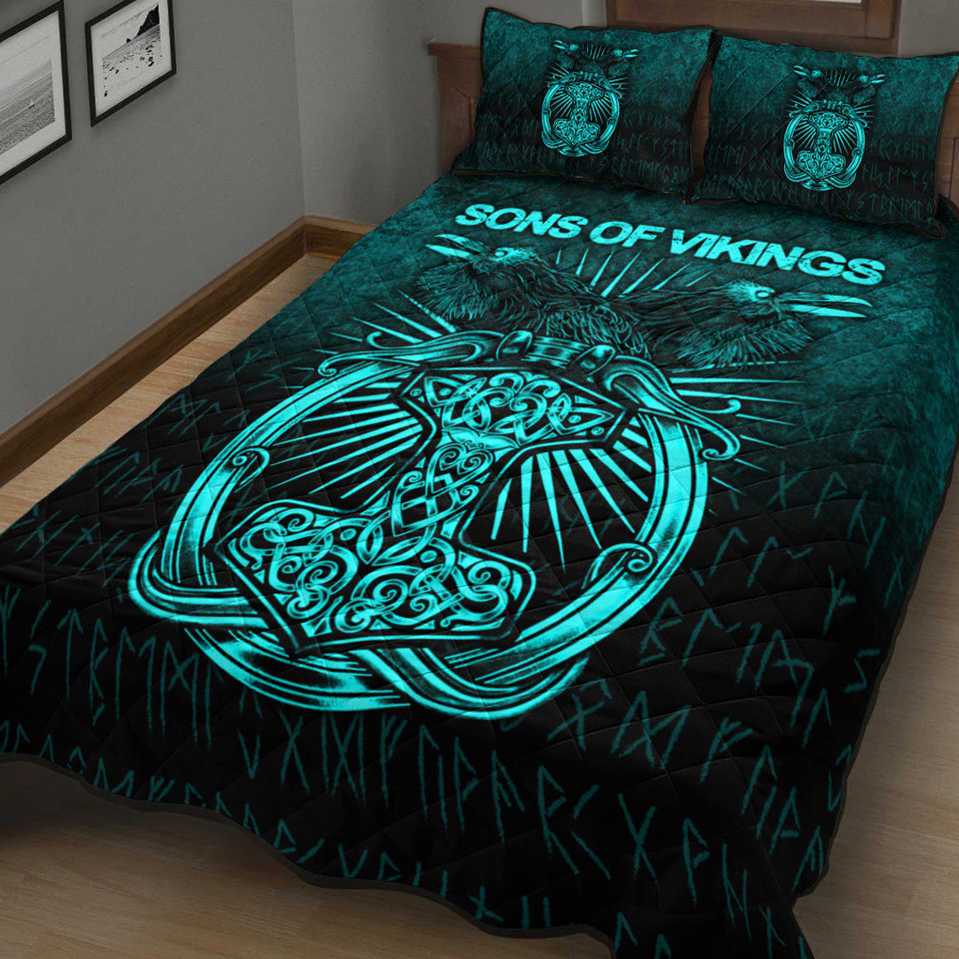 Viking Quilt Bedding Set Viking Ravens Mjolnir Cyan Version