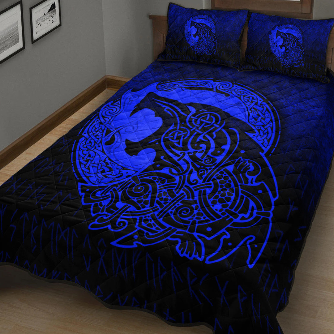 Viking Quilt Bedding Set Fenrir Viking 3D Tattoo Blue Version