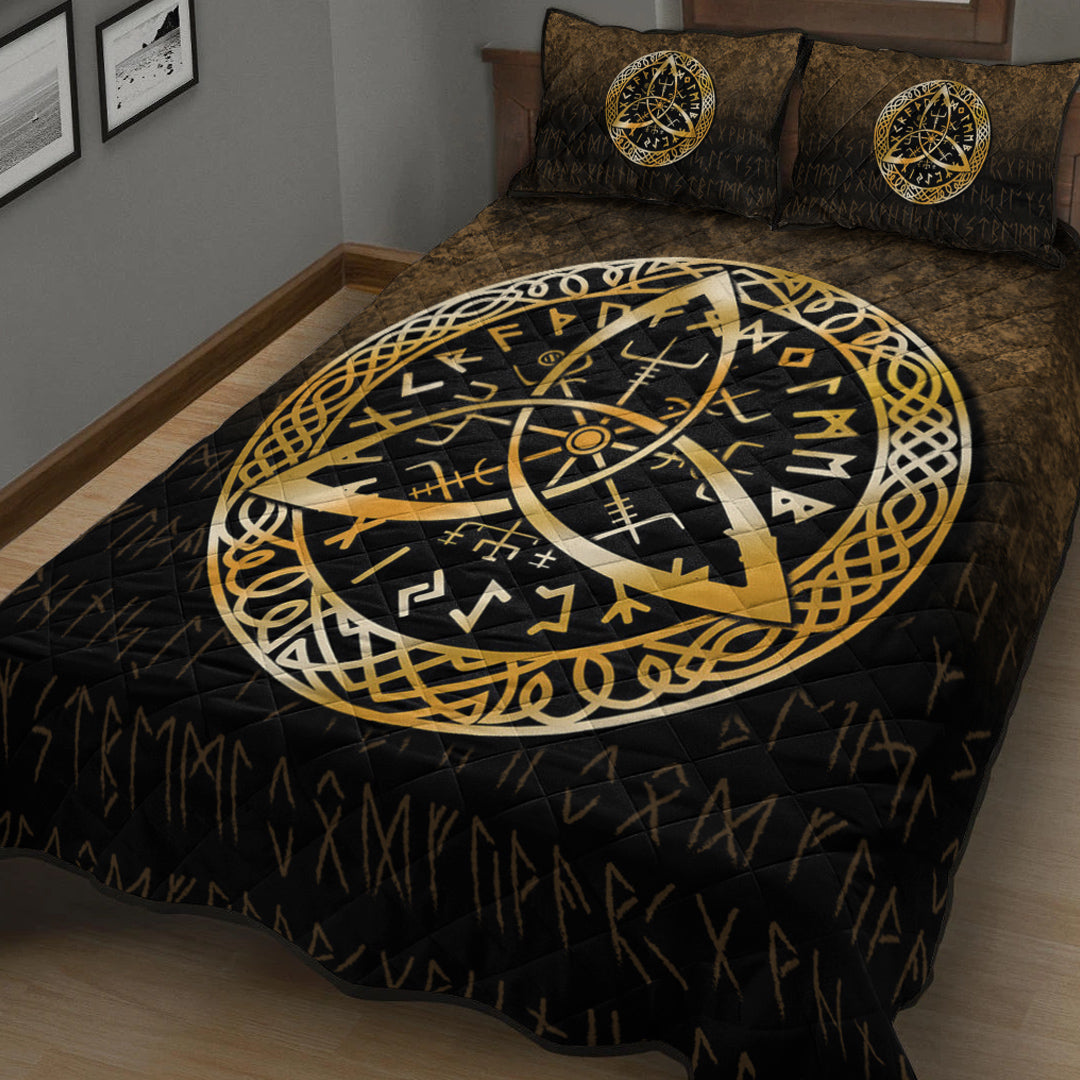 Viking Quilt Bedding Set Vegvisir Nordic Viking Rune Gold Version