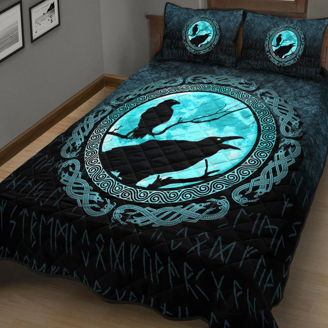 Viking Quilt Bedding Set Viking Huginn Muninn Odins Ravens Cyan Version