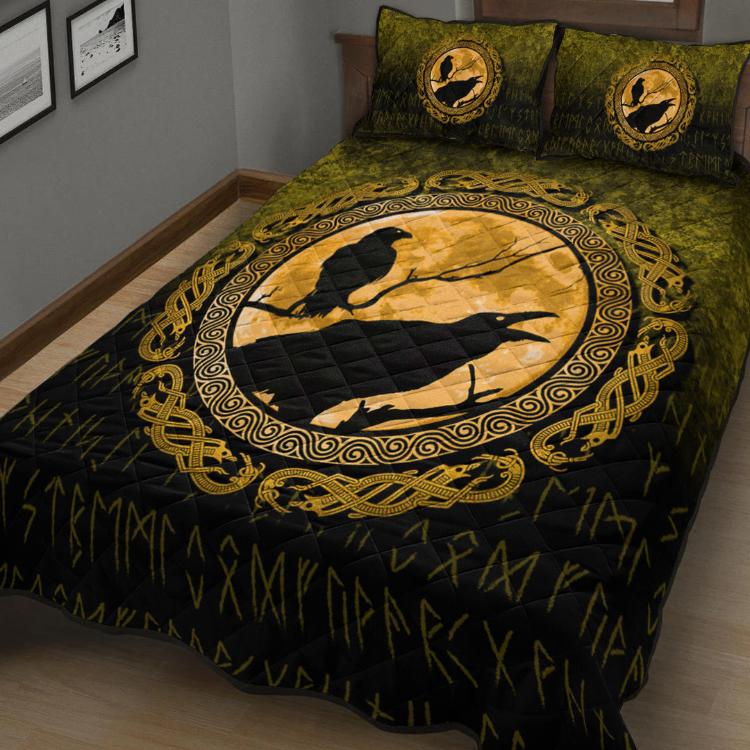 Viking Quilt Bedding Set Viking Huginn Muninn Odins Ravens Gold Version