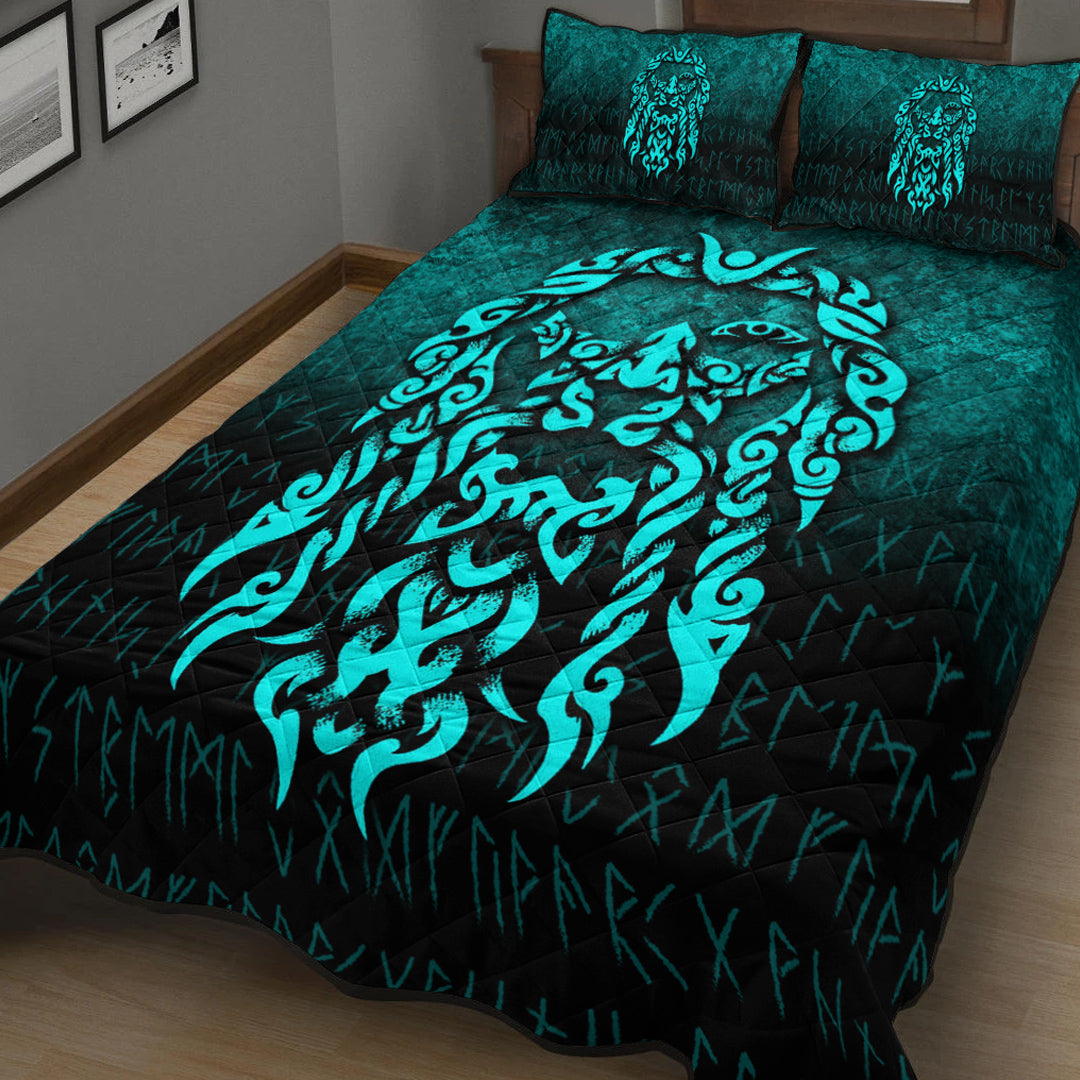 Viking Quilt Bedding Set Viking God Odin Allfather In Asgard Raven God Cyan Version