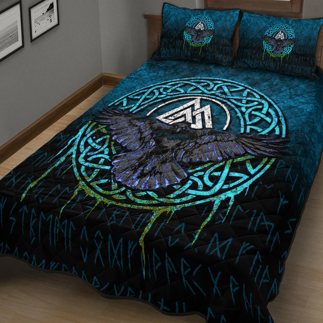 Viking Quilt Bedding Set Valhalla Norse Mythology Raven Black Crow Viking Cyan Version