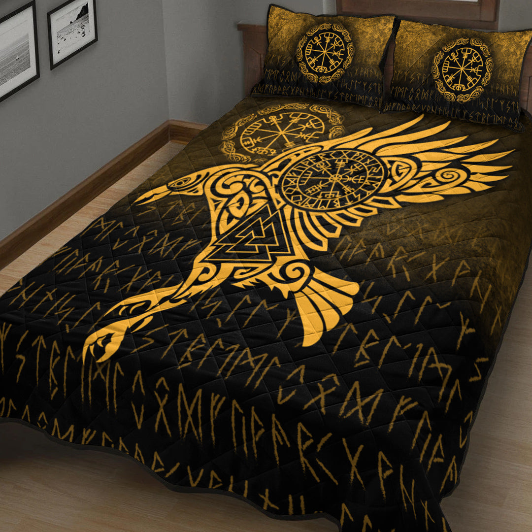 Viking Quilt Bedding Set Raven Vegvisir Tattoo Gold Version