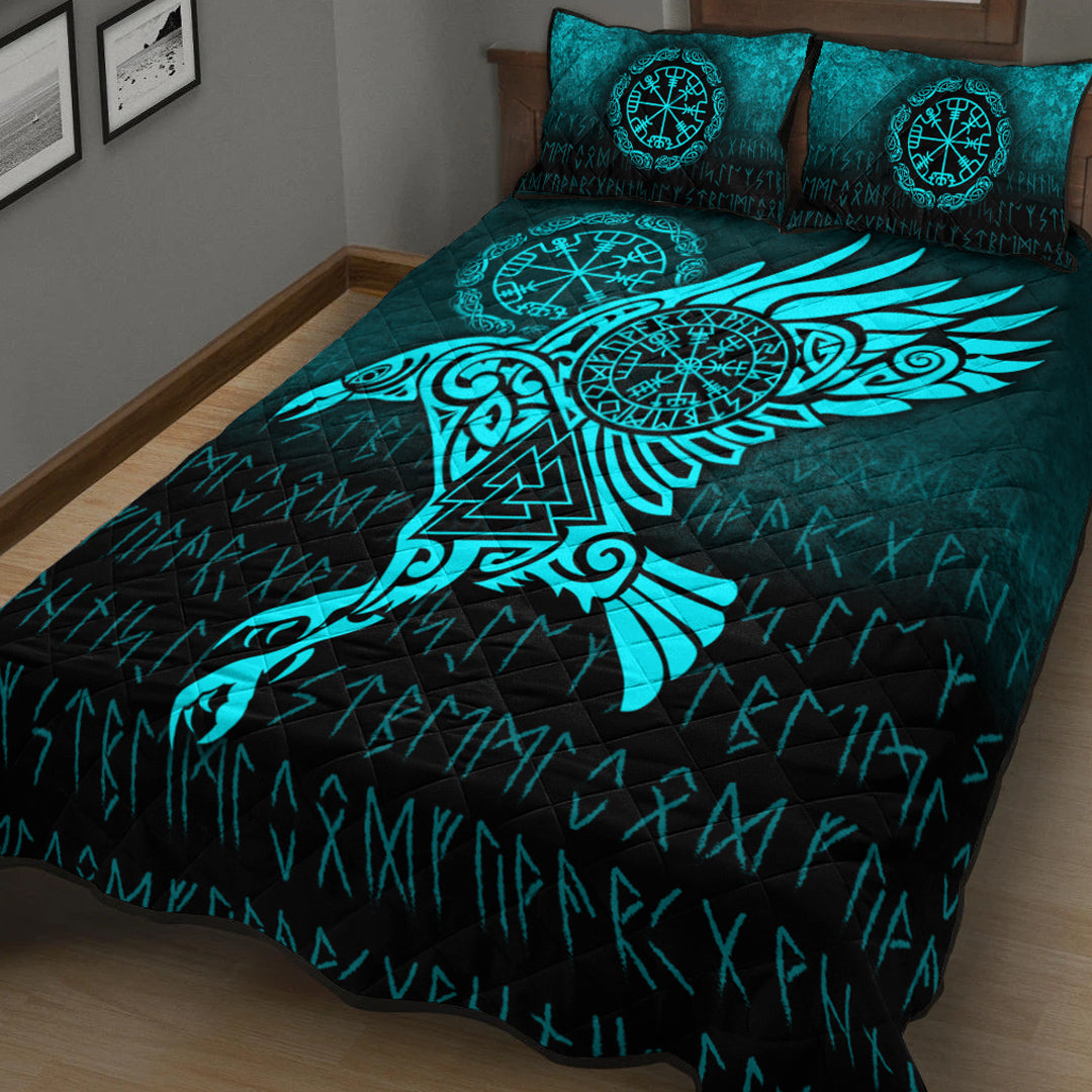 Viking Quilt Bedding Set Raven Vegvisir Tattoo Cyan Version