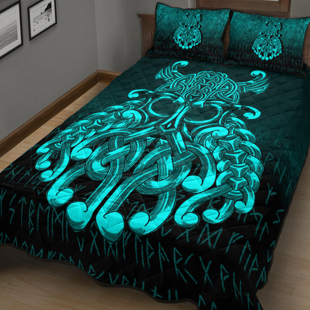 Viking Quilt Bedding Set Viking Odin Valhalla Cyan Version