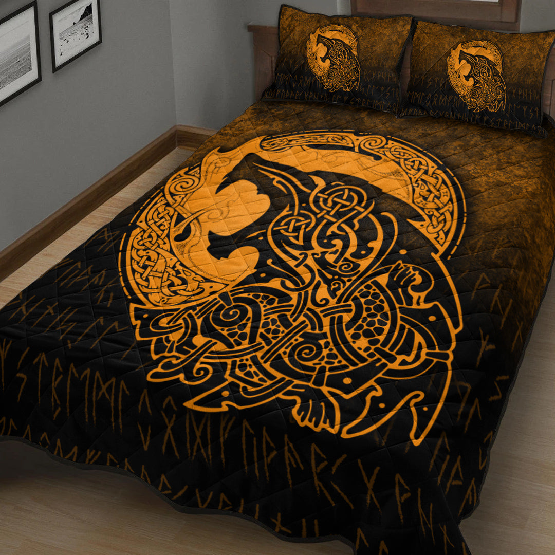 Viking Quilt Bedding Set Fenrir Viking 3D Tattoo Gold Version