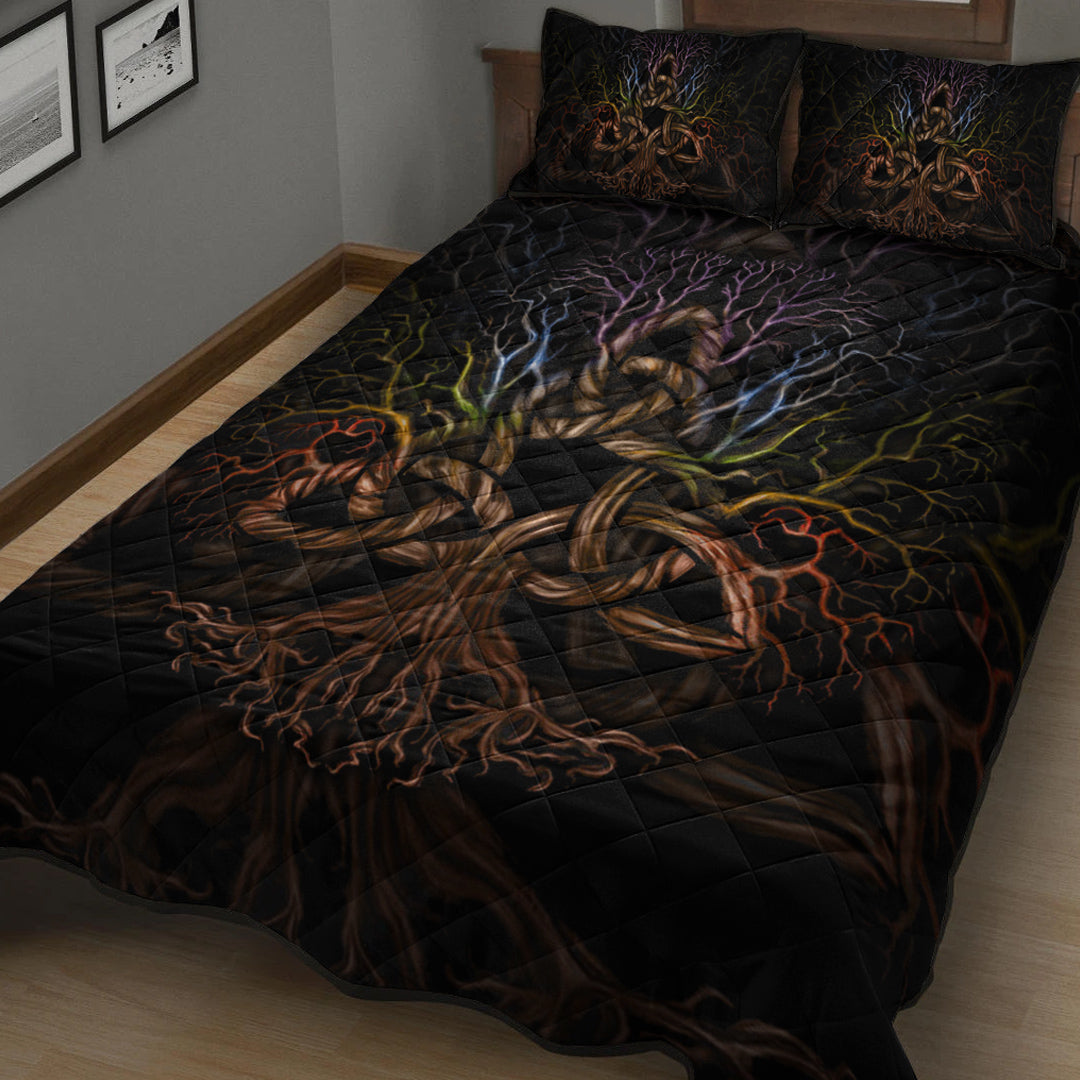 Viking Quilt Bedding Set Colorful Tree of Life With Triquetra