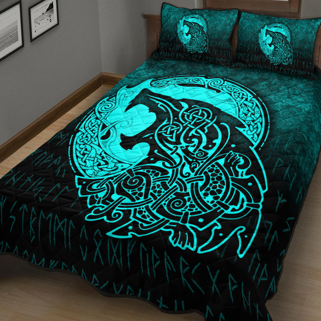 Viking Quilt Bedding Set Fenrir Viking 3D Tattoo Cyan Version