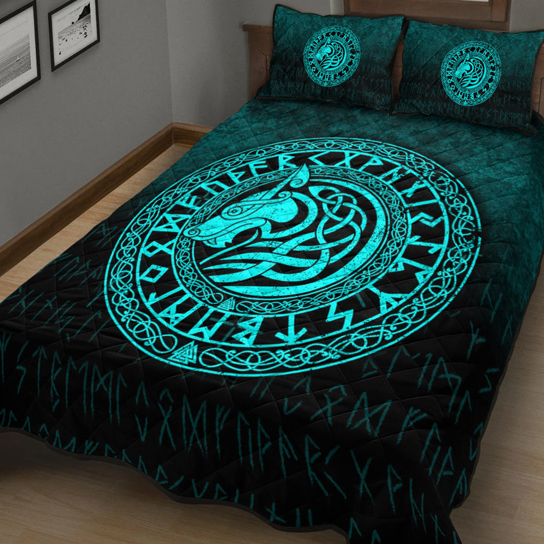 Viking Quilt Bedding Set Viking Wolf Cyan Version