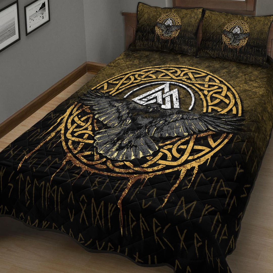 Viking Quilt Bedding Set Valhalla Norse Mythology Raven Black Crow