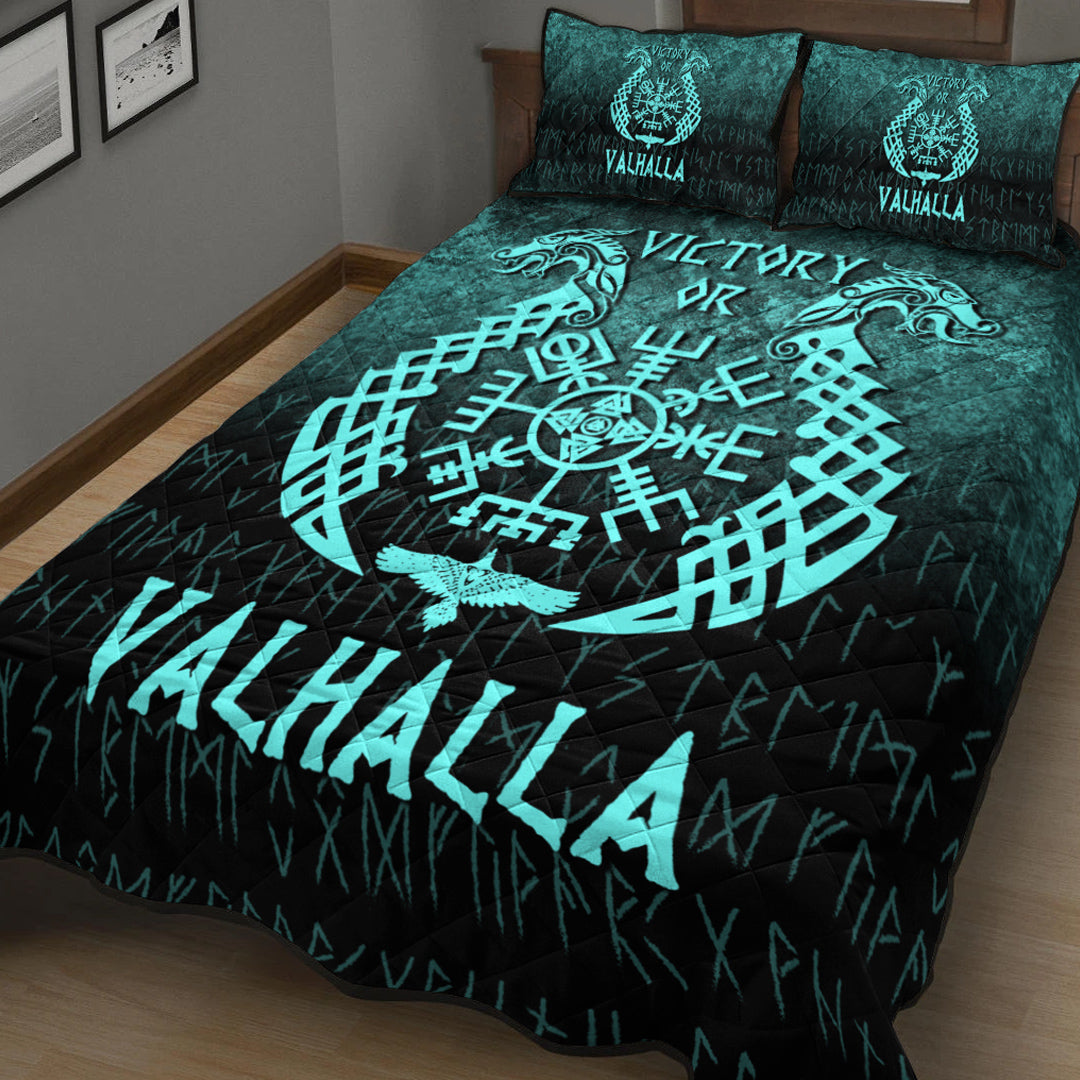 Viking Quilt Bedding Set Victory or Valhalla Cyan Version