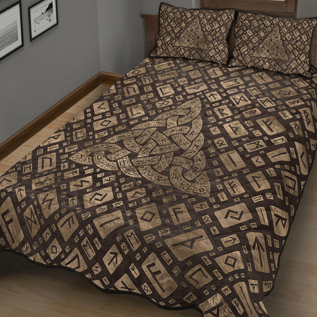 Viking Quilt Bedding Set Triquetra & Runic Alphabet Wood and Gold