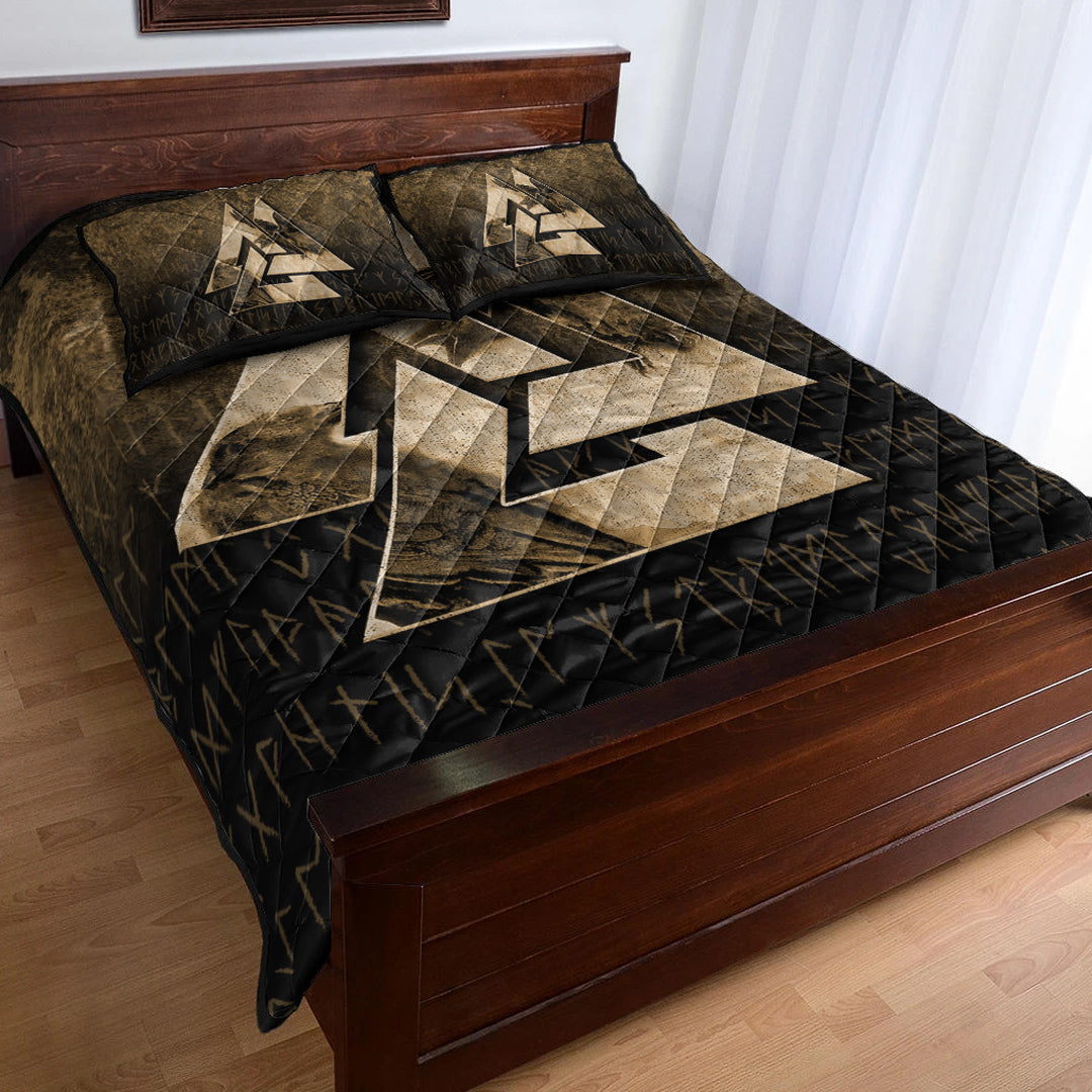 Viking Quilt Bedding Set Huginn Muninn Ravens from Odin Viking Gold Version