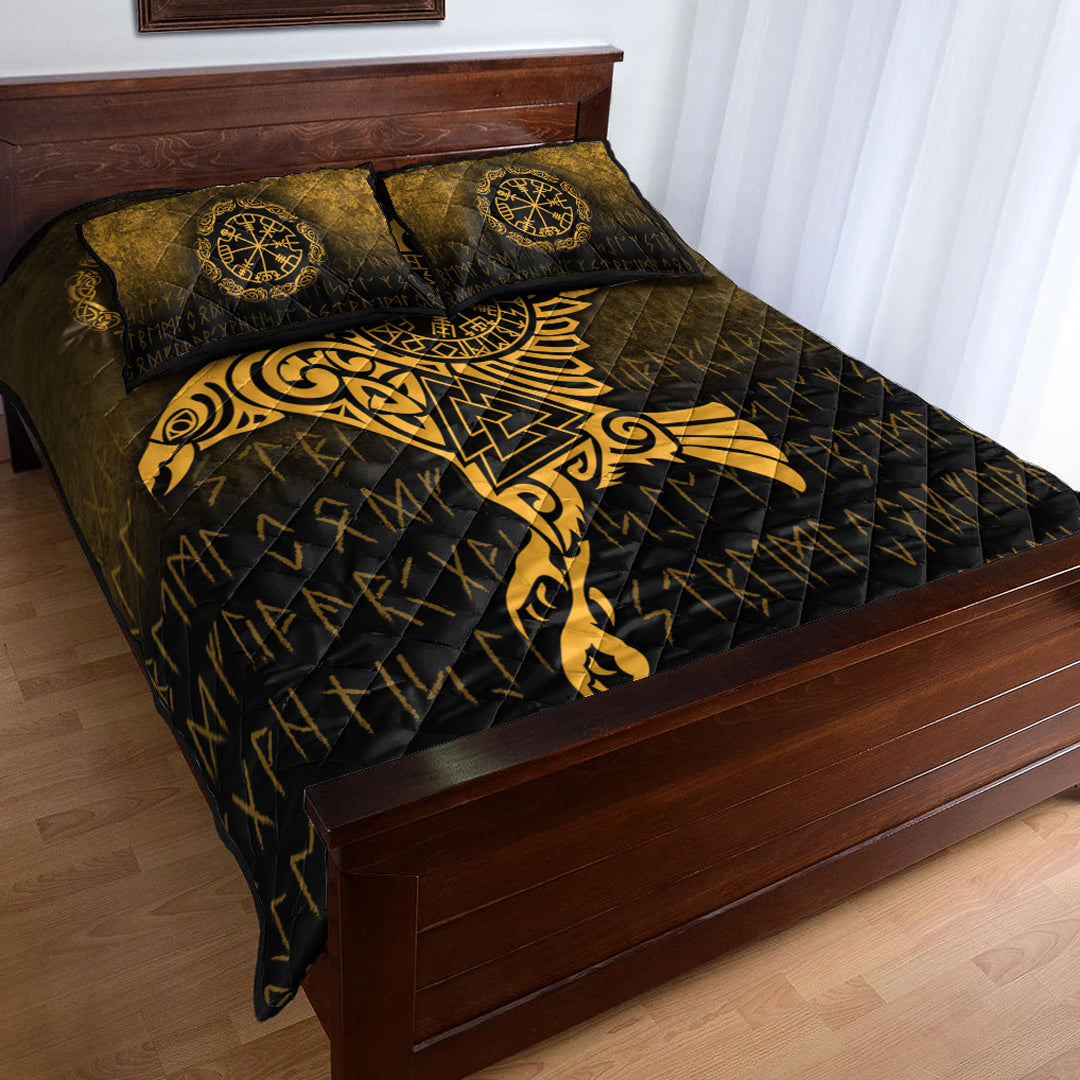 Viking Quilt Bedding Set Raven Vegvisir Tattoo Gold Version