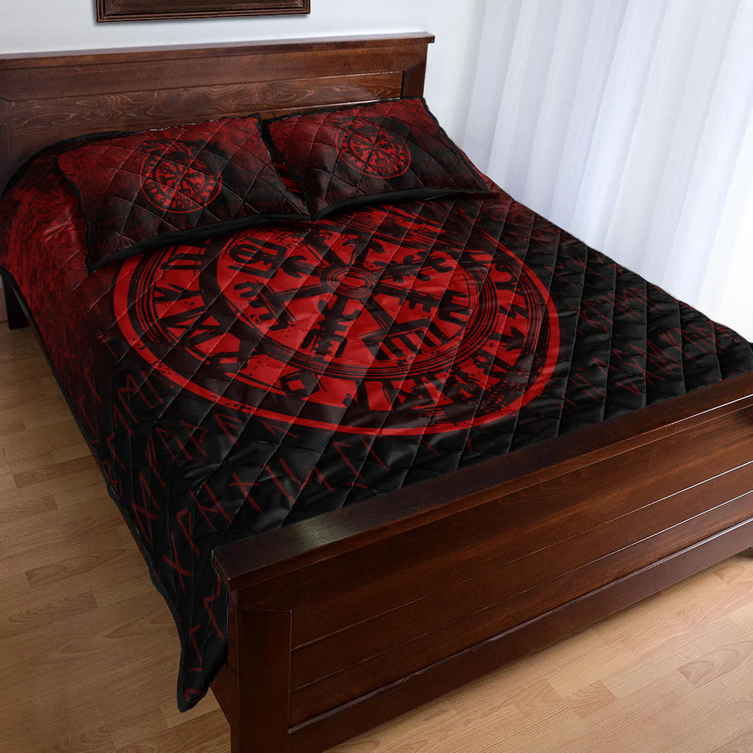 Viking Quilt Bedding Set Viking Vegvisir Rune with Crow Red Version