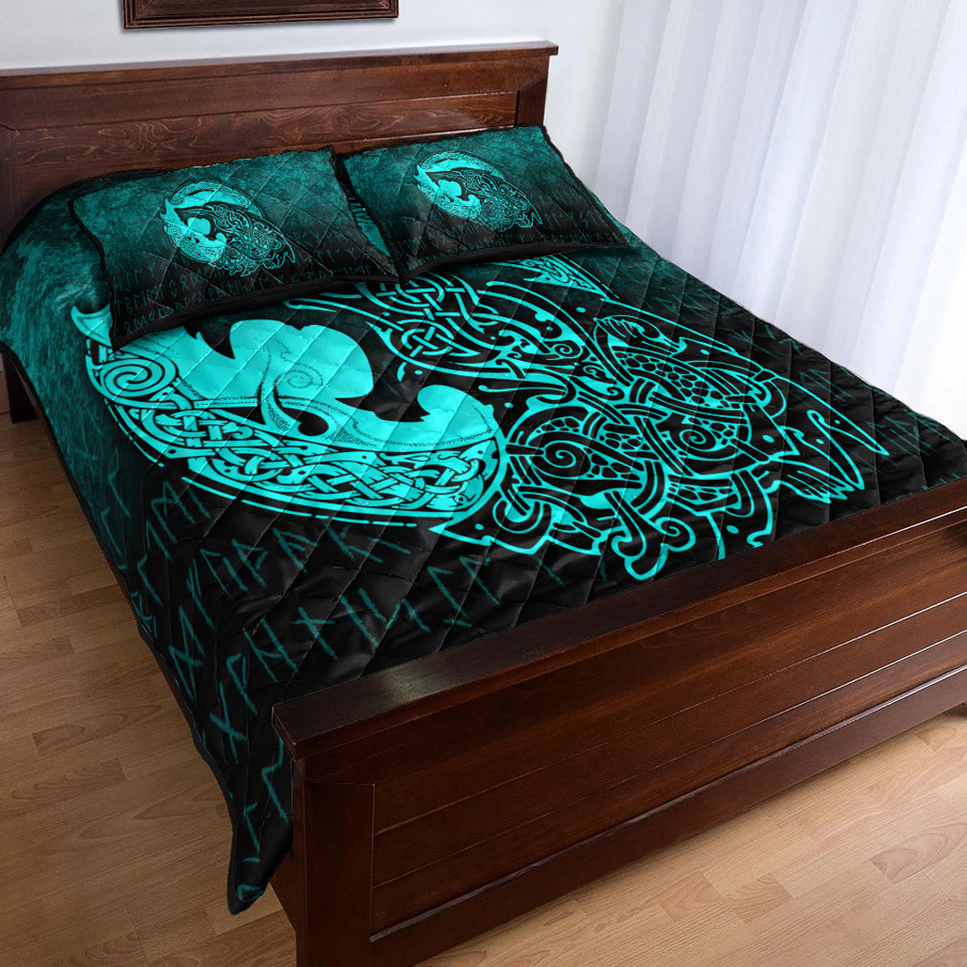 Viking Quilt Bedding Set Fenrir Viking 3D Tattoo Cyan Version