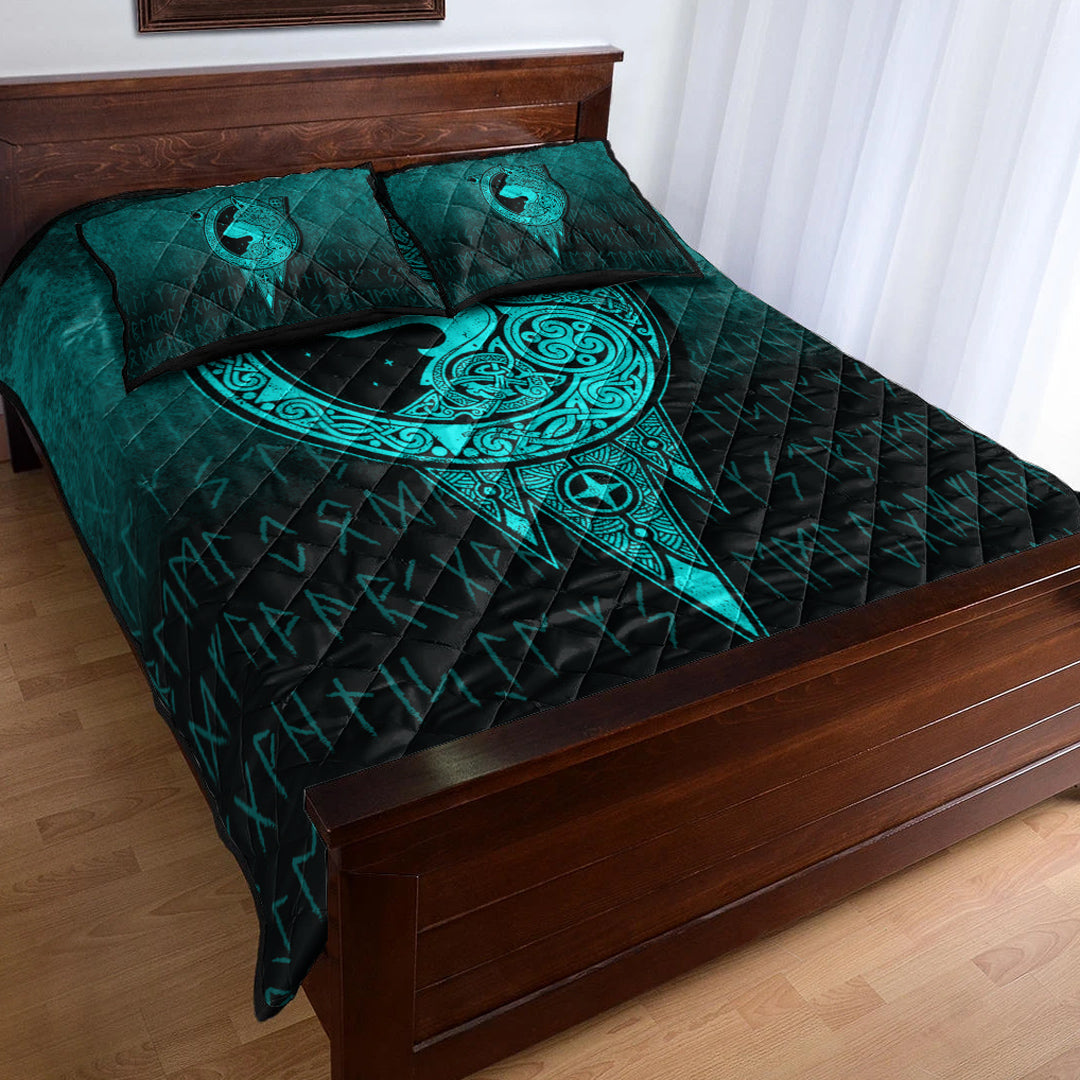 Viking Quilt Bedding Set Viking Norse Wolf Cyan Version