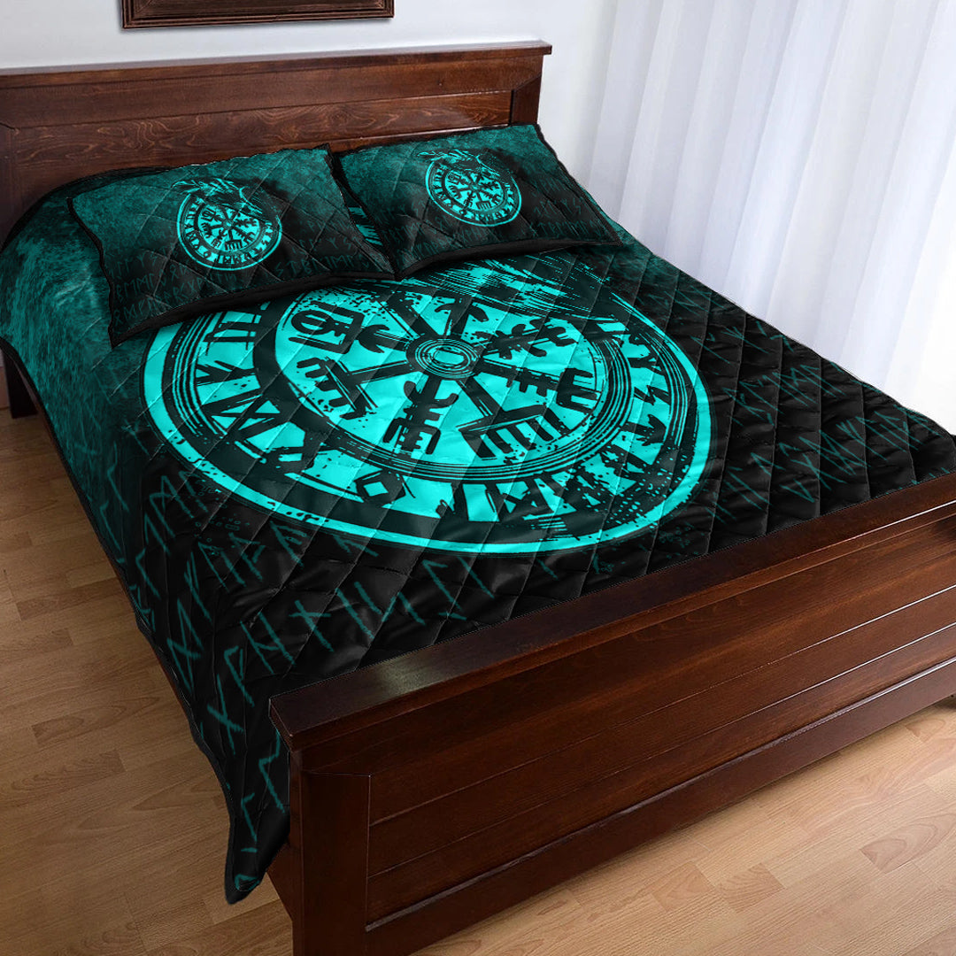 Viking Quilt Bedding Set Viking Vegvisir Rune with Crow Cyan Version