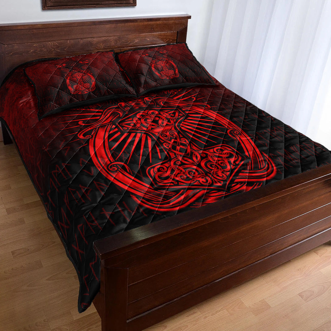 Viking Quilt Bedding Set Viking Ravens Mjolnir Red Version