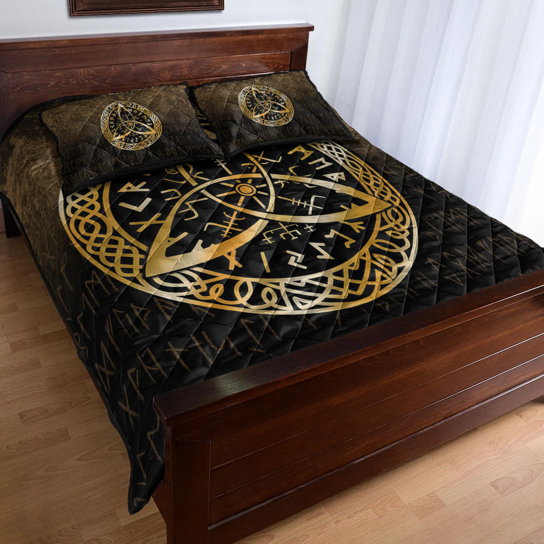 Viking Quilt Bedding Set Vegvisir Nordic Viking Rune Gold Version