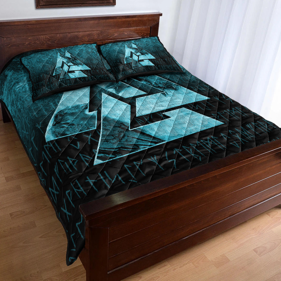 Viking Quilt Bedding Set Huginn Muninn Ravens from Odin Viking Cyan Version