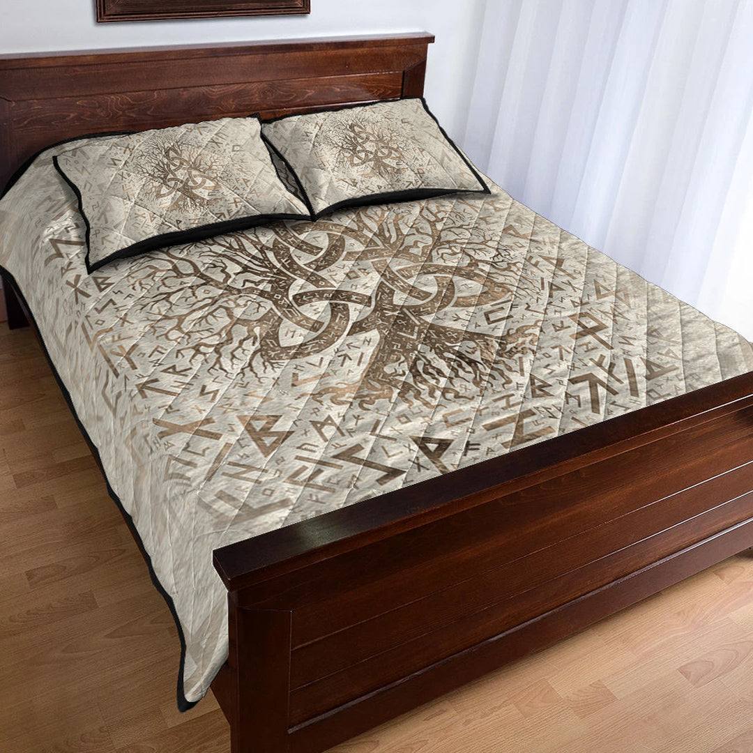 Viking Quilt Bedding Set Tree of Life with Triquetra and Futhark Pastel Gold