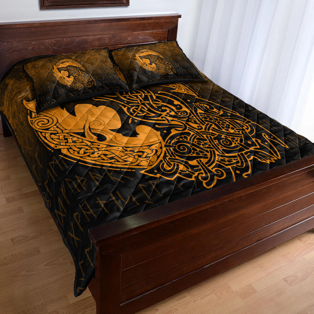 Viking Quilt Bedding Set Fenrir Viking 3D Tattoo Gold Version