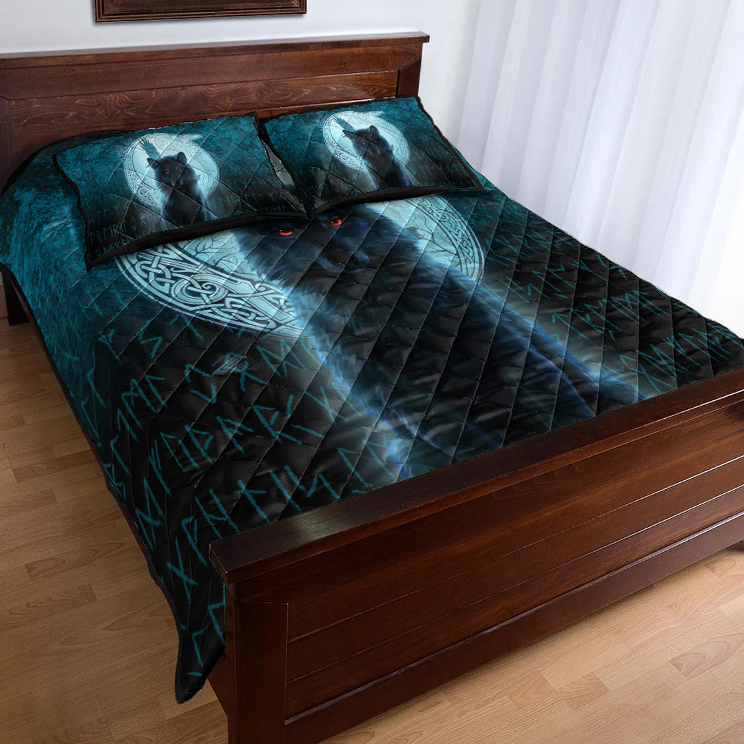 Viking Quilt Bedding Set Fenrir Viking Wolf Cyan Version