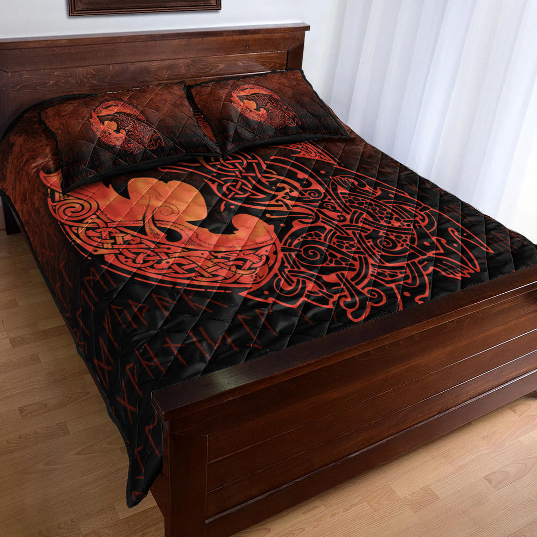 Viking Quilt Bedding Set Fenrir Viking 3D Tattoo Orange Version