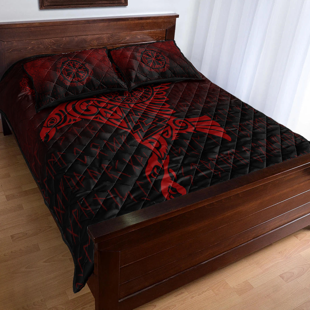 Viking Quilt Bedding Set Raven Vegvisir Tattoo Red Version