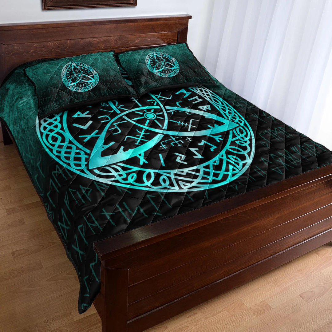 Viking Quilt Bedding Set Vegvisir Nordic Viking Rune Cyan Version