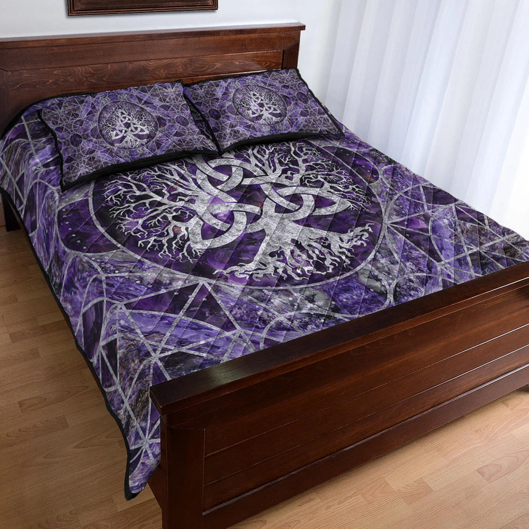 Viking Quilt Bedding Set Tree of Life with Triquetra Amethyst and Silver