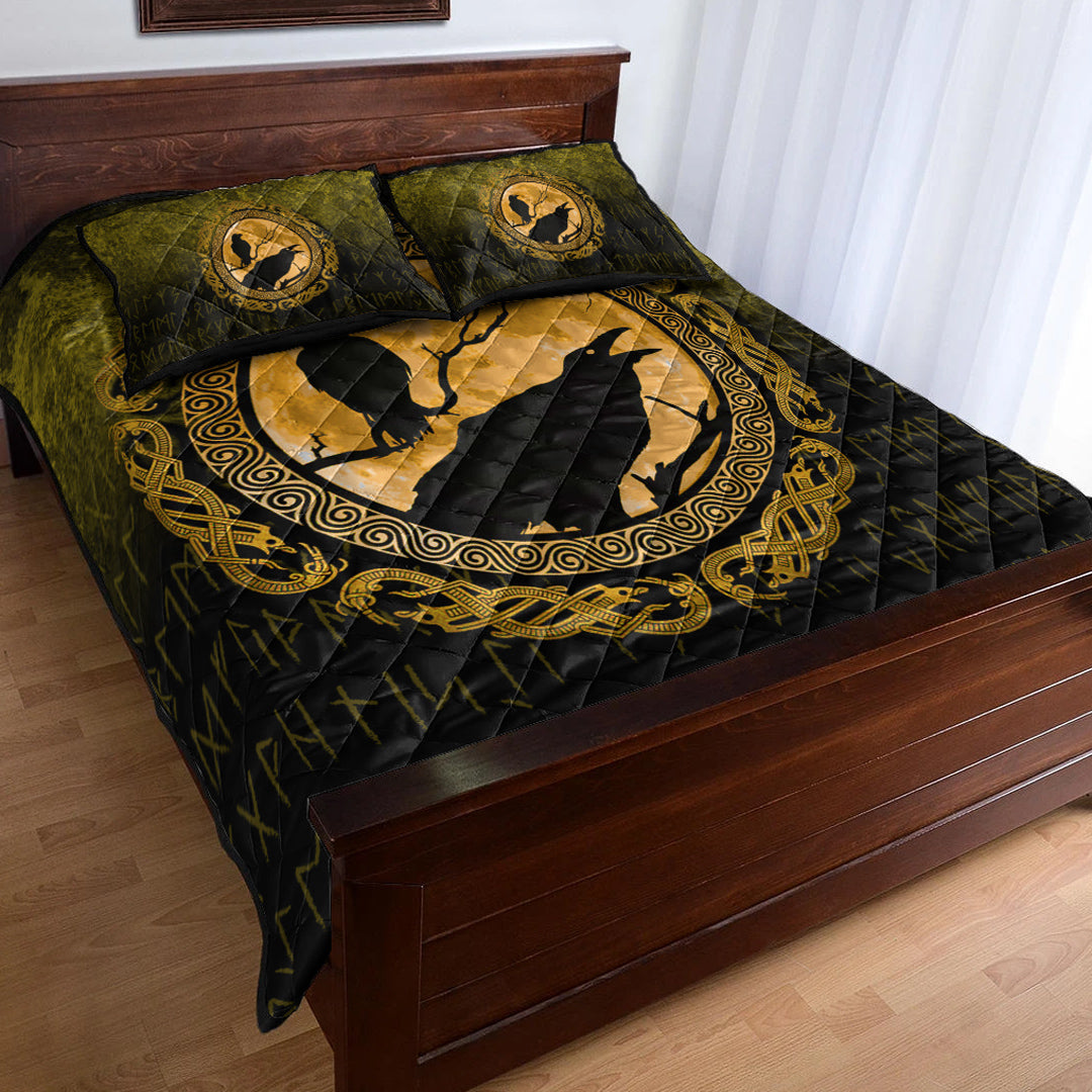 Viking Quilt Bedding Set Viking Huginn Muninn Odins Ravens Gold Version