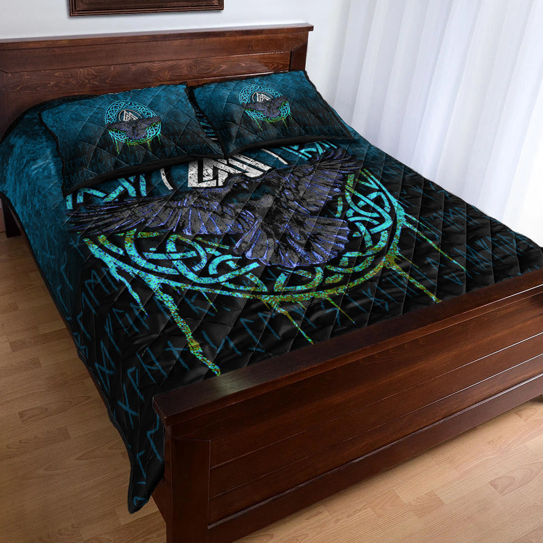 Viking Quilt Bedding Set Valhalla Norse Mythology Raven Black Crow Viking Cyan Version