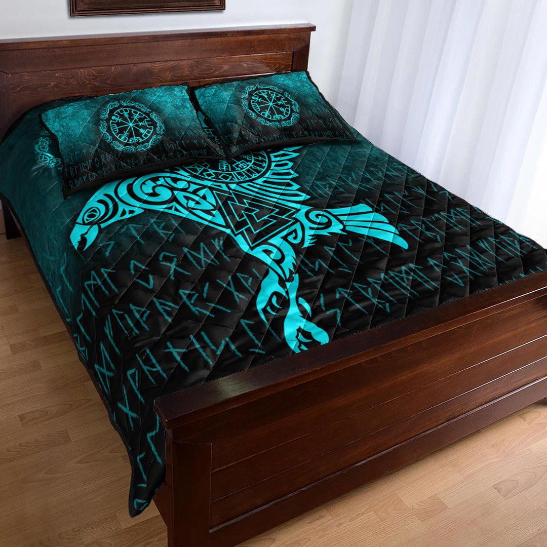 Viking Quilt Bedding Set Raven Vegvisir Tattoo Cyan Version