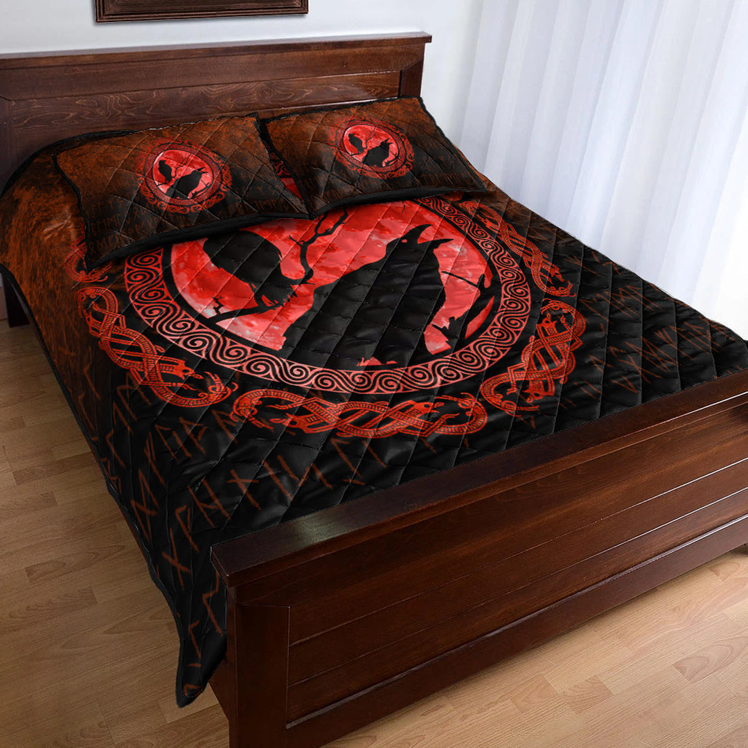 Viking Quilt Bedding Set Viking Huginn Muninn Odins Ravens Red Version