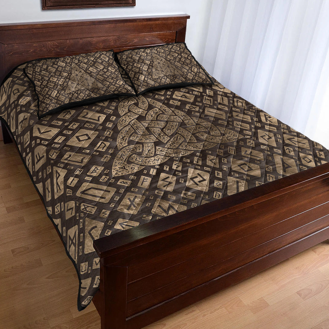 Viking Quilt Bedding Set Triquetra & Runic Alphabet Wood and Gold