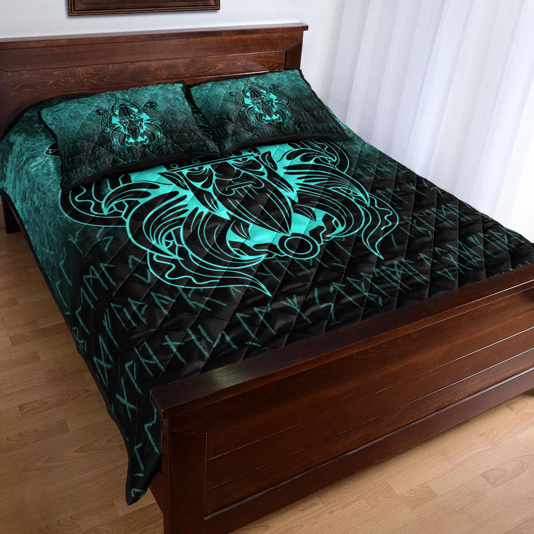 Viking Quilt Bedding Set Nordic Warrior Valhalla Norse Cyan Version